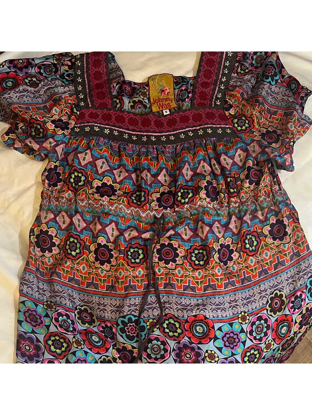Johnny Was Womens S Multicolor Floral Embroidered Woven Silk Square Neck Slip